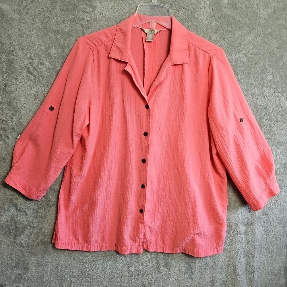 White Stag Womens Sz Large 12/14 Blouse Button Front 3/4 Sleeve Pink Rayon blend